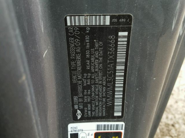 WMWML3C51ATX36668 - 2010 MINI COOPER CLU GRAY photo 10