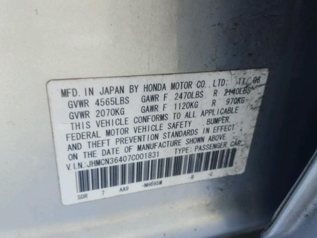 JHMCN36407C001831 - 2007 HONDA ACCORD HYB SILVER photo 10