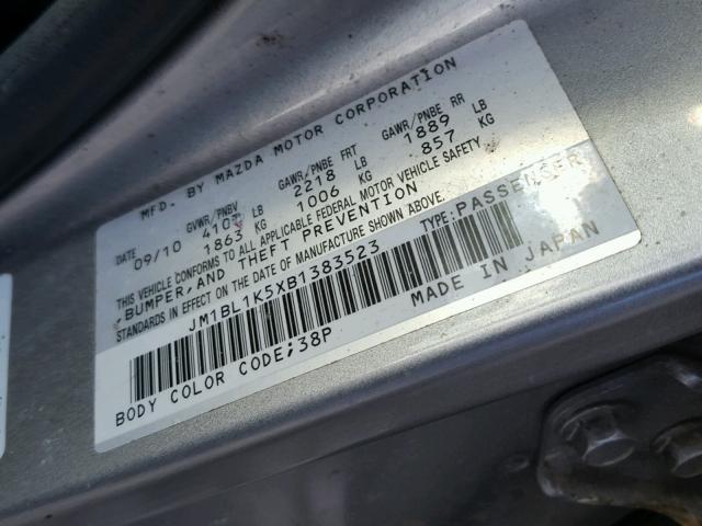 JM1BL1K5XB1383523 - 2011 MAZDA 3 S SILVER photo 10