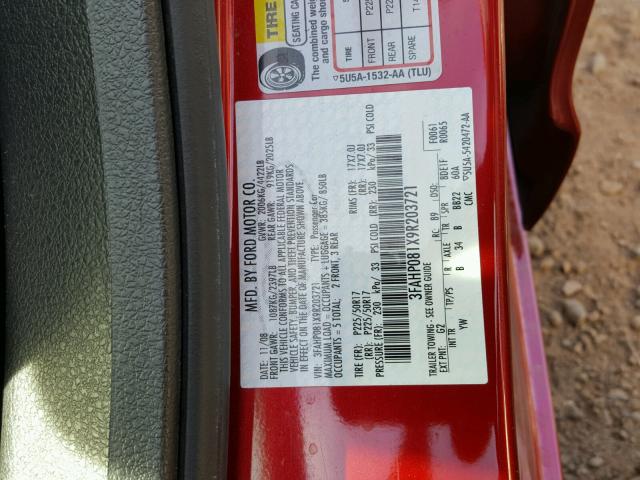 3FAHP081X9R203721 - 2009 FORD FUSION SEL RED photo 10