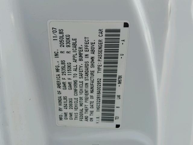 1HGCS22818A002952 - 2008 HONDA ACCORD EXL WHITE photo 10