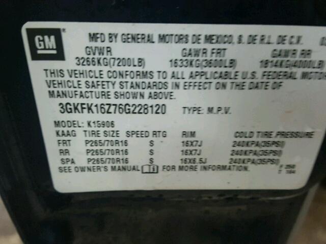 3GKFK16Z76G228120 - 2006 GMC YUKON XL K BLUE photo 10