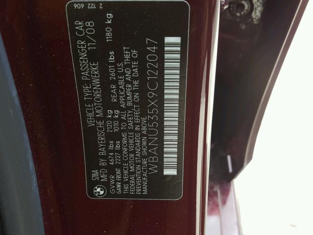 WBANU535X9C122047 - 2009 BMW 528 I BURGUNDY photo 10