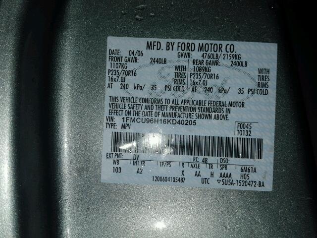 1FMCU96H16KD40205 - 2006 FORD ESCAPE HEV GREEN photo 10