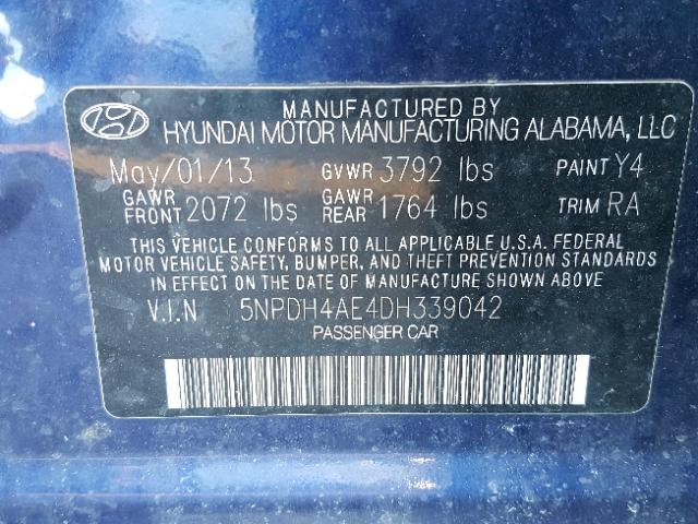 5NPDH4AE4DH339042 - 2013 HYUNDAI ELANTRA GL BLUE photo 10