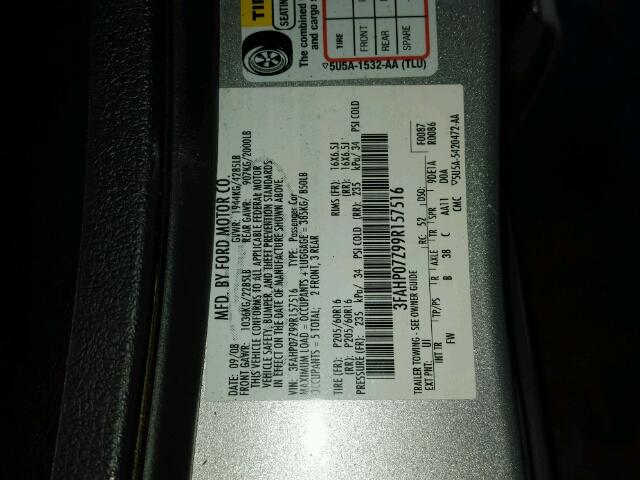 3FAHP07Z99R157516 - 2009 FORD FUSION SE SILVER photo 10