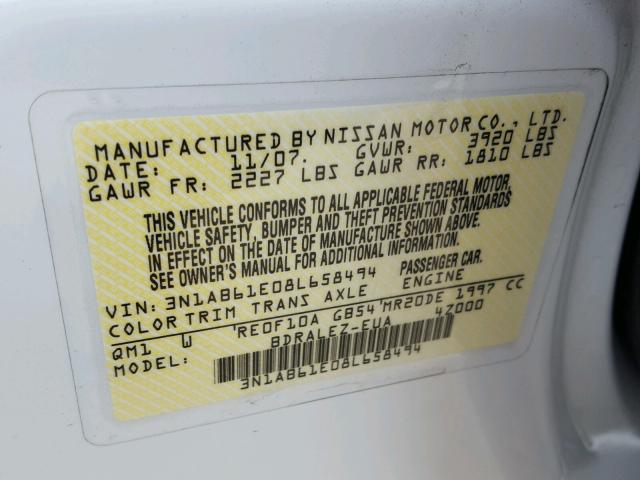 3N1AB61E08L658494 - 2008 NISSAN SENTRA 2.0 WHITE photo 10