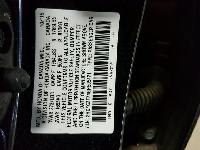 2HGFC2F74GH505421 - 2016 HONDA CIVIC EX შავი ფოტო 10
