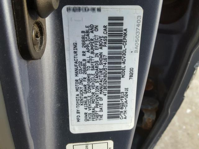 4T1BE32K82U574167 - 2002 TOYOTA CAMRY LE BLUE photo 10