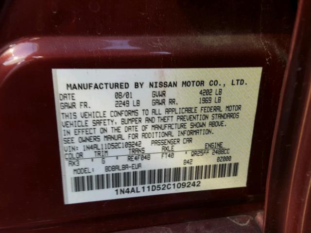 1N4AL11D52C109242 - 2002 NISSAN ALTIMA BAS RED photo 10