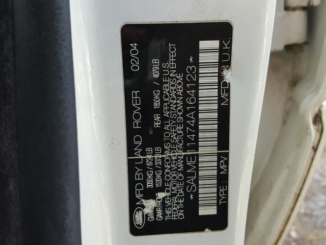 SALME11474A164123 - 2004 LAND ROVER RANGE ROVE WHITE photo 10