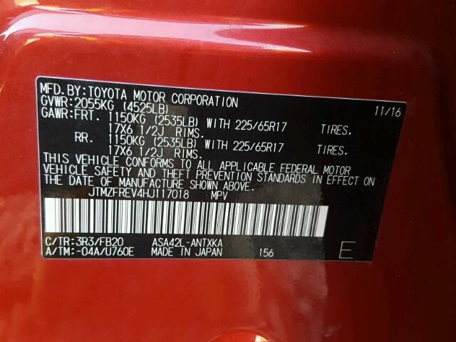 JTMZFREV4HJ117018 - 2017 TOYOTA RAV4 LE Bordo fotoğraf 10