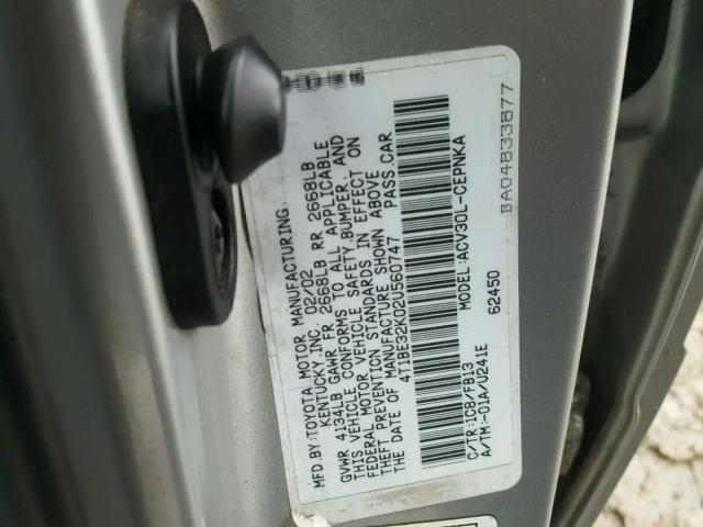 4T1BE32K02U560747 - 2002 TOYOTA CAMRY LE SILVER photo 10