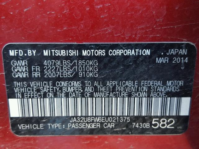 JA32U8FW6EU021375 - 2014 MITSUBISHI LANCER GT RED photo 10