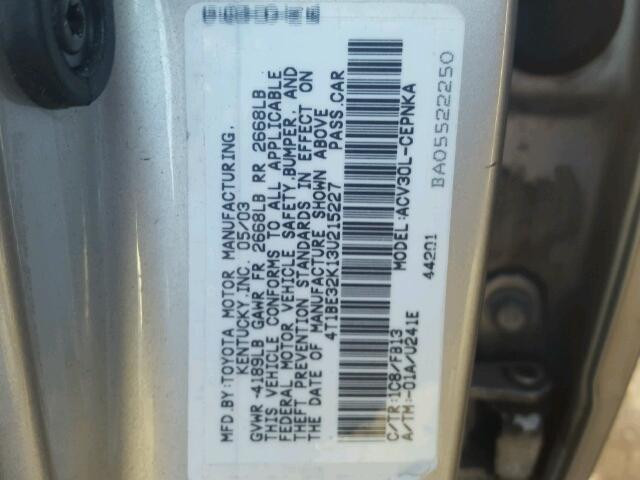 4T1BE32K13U215227 - 2003 TOYOTA CAMRY LE SILVER photo 10