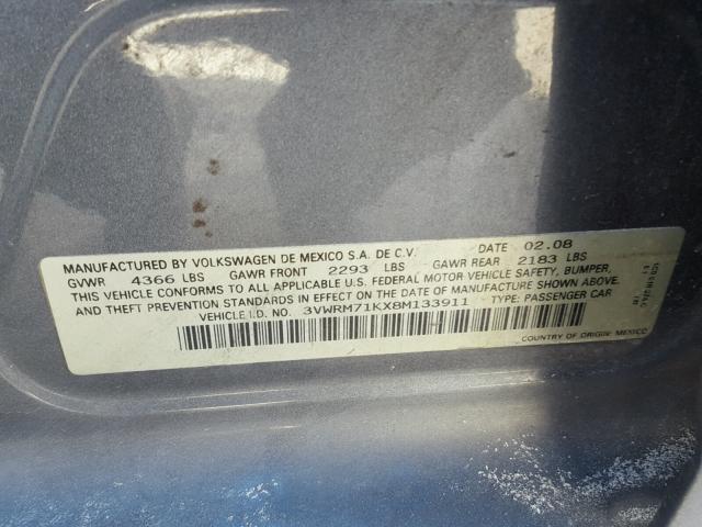 3VWRM71KX8M133911 - 2008 VOLKSWAGEN JETTA SE CHARCOAL photo 10