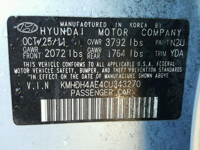 KMHDH4AE4CU343270 - 2012 HYUNDAI ELANTRA GL BLUE photo 10