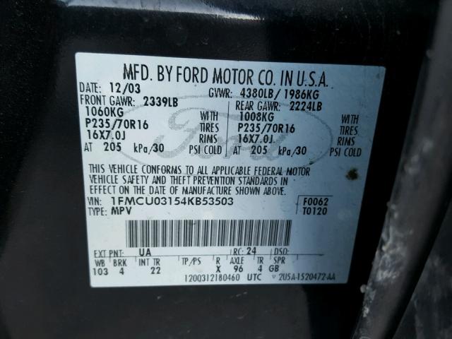 1FMCU03154KB53503 - 2004 FORD ESCAPE XLT BLACK photo 10