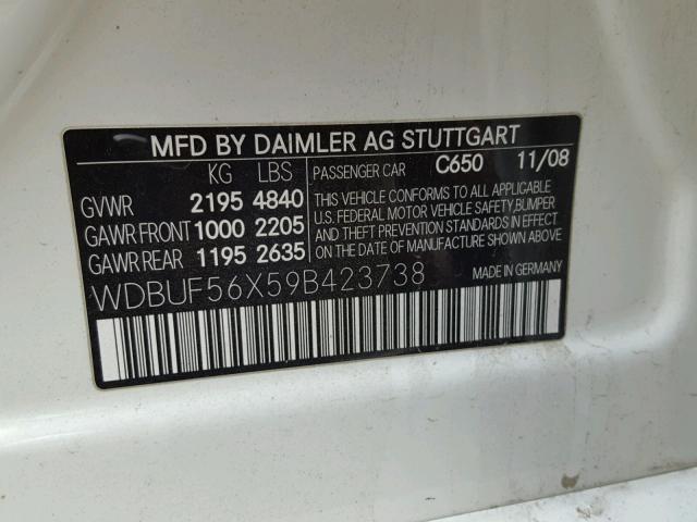 WDBUF56X59B423738 - 2009 MERCEDES-BENZ E 350 WHITE photo 10