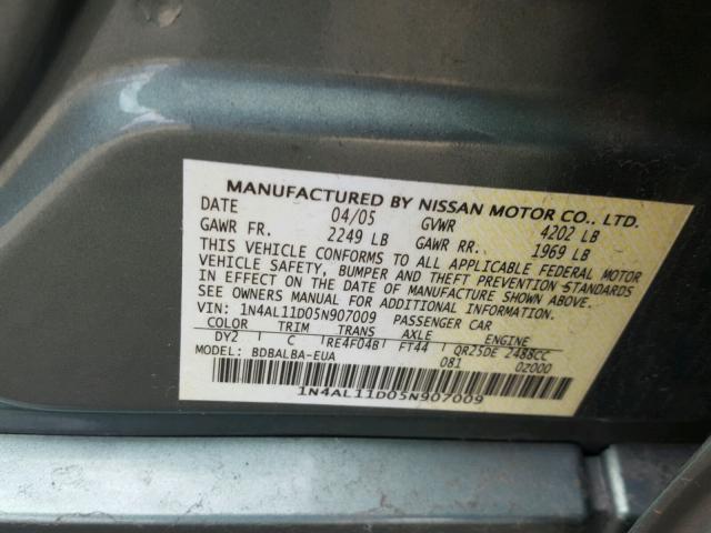 1N4AL11D05N907009 - 2005 NISSAN ALTIMA S GREEN photo 10