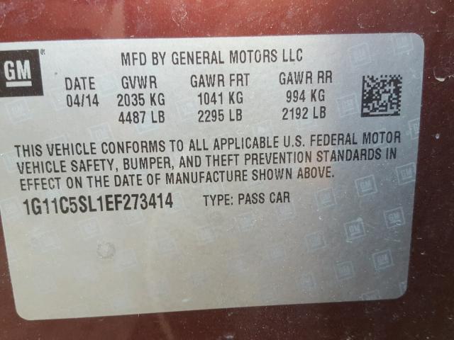 1G11C5SL1EF273414 - 2014 CHEVROLET MALIBU 1LT 栗色 照片 10