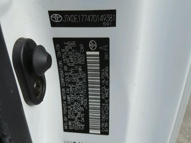 JTKDE177470149381 - 2007 TOYOTA SCION TC 白色 照片 10