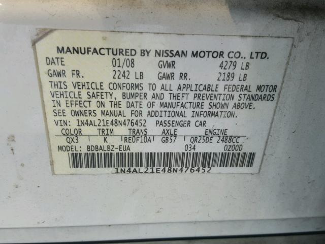 1N4AL21E48N476452 - 2008 NISSAN ALTIMA 2.5 WHITE photo 10