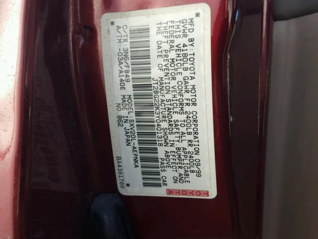 JT2BG22K3Y0401318 - 2000 TOYOTA CAMRY CE RED photo 10