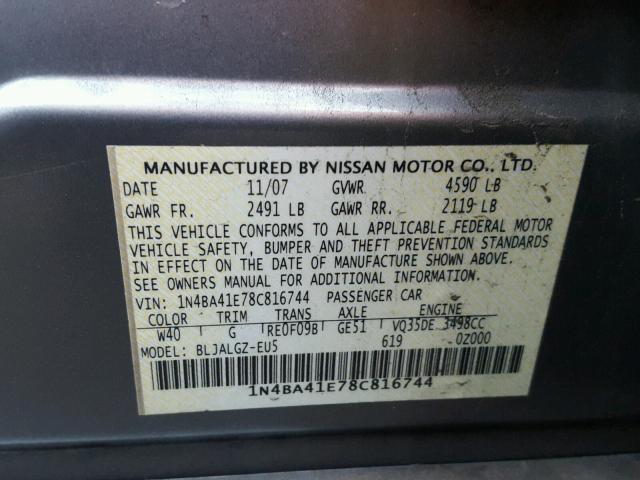 1N4BA41E78C816744 - 2008 NISSAN MAXIMA SE SILVER photo 10