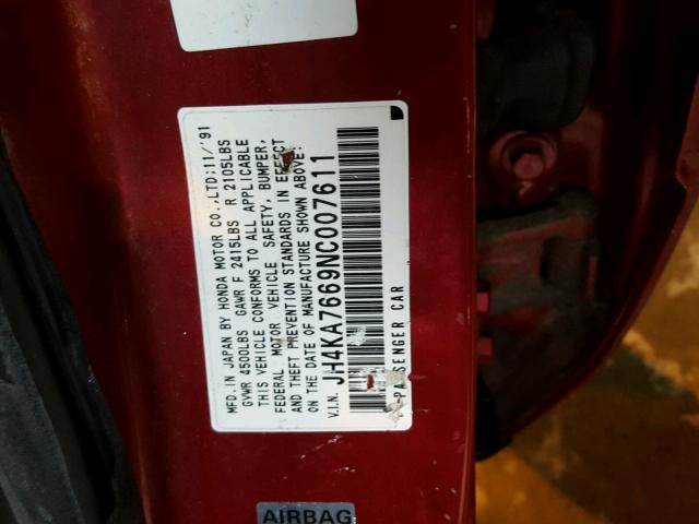 JH4KA7669NC007611 - 1992 ACURA LEGEND L RED photo 10