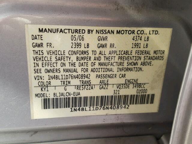 1N4BL11D76N408942 - 2006 NISSAN ALTIMA SE SILVER photo 10