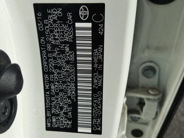 JTDKBRFU2G3011883 - 2016 TOYOTA PRIUS WHITE photo 10