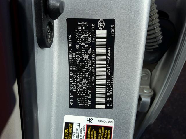 4T1BE46K49U831917 - 2009 TOYOTA CAMRY BASE SILVER photo 10