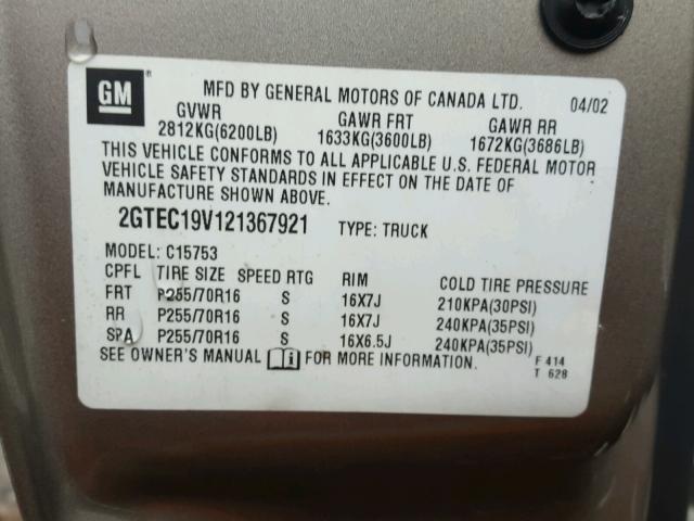 2GTEC19V121367921 - 2002 GMC NEW SIERRA TAN photo 10