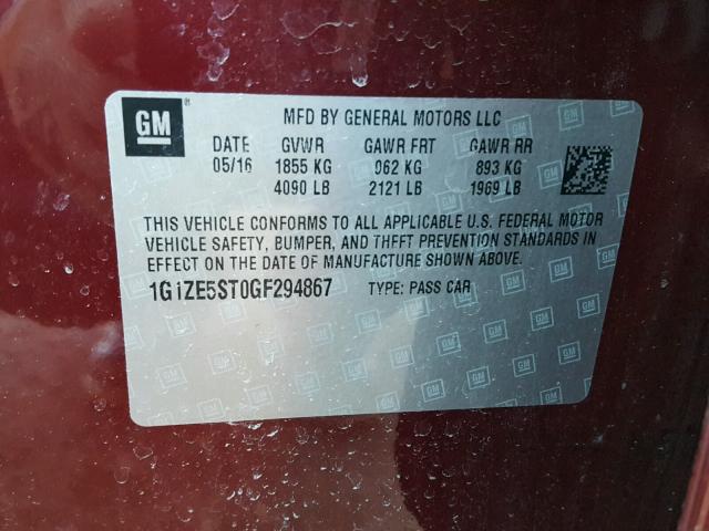 1G1ZE5ST0GF294867 - 2016 CHEVROLET MALIBU LT RED photo 10