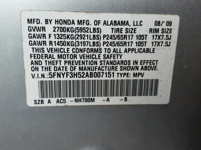 5FNYF3H52AB007151 - 2010 HONDA PILOT EXL SILVER photo 10