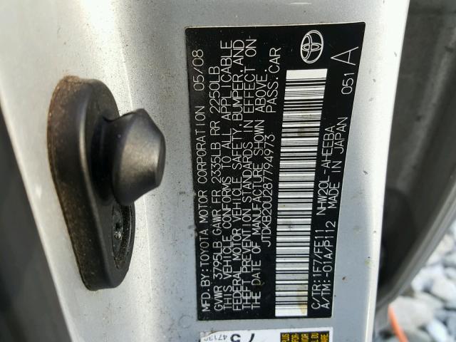 JTDKB20U287794973 - 2008 TOYOTA PRIUS SILVER photo 10