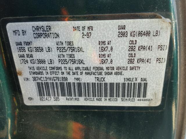 3B7HC13YXVG781890 - 1997 DODGE RAM 1500 BLACK photo 10