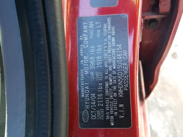 KMHDN56D15U146154 - 2005 HYUNDAI ELANTRA GL RED photo 10