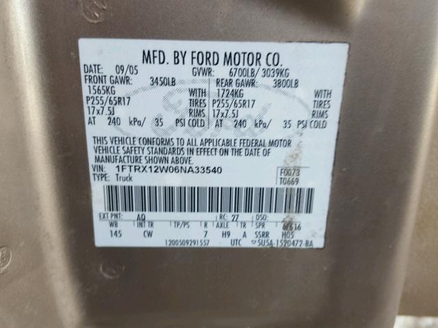 1FTRX12W06NA33540 - 2006 FORD F150 BROWN photo 10