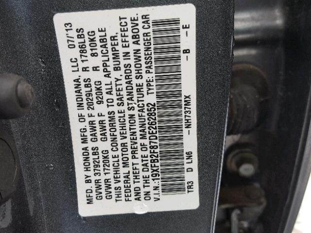 19XFB2F87DE262852 - 2013 HONDA CIVIC EX ნაცრისფერი ფოტო 10