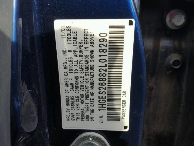 1HGES26882L018290 - 2002 HONDA CIVIC EX BLUE photo 10