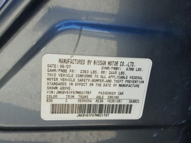 JNKBV61F67M821797 - 2007 INFINITI G35 BLUE photo 10