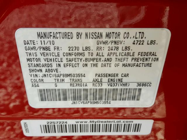 JN1CV6AP9BM503554 - 2011 INFINITI G37 BASE RED photo 10