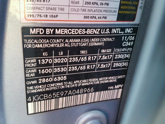 4JGCB65E97A048966 - 2007 MERCEDES-BENZ R 350 BLUE photo 10