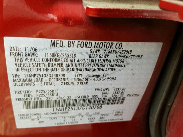 1FAHP25137G140708 - 2007 FORD FIVE HUNDR RED photo 10