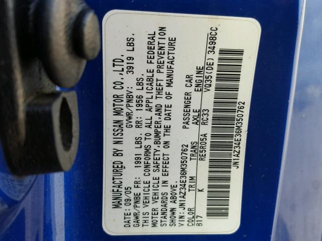 JN1AZ34E36M350762 - 2006 NISSAN 350Z COUPE BLUE photo 10