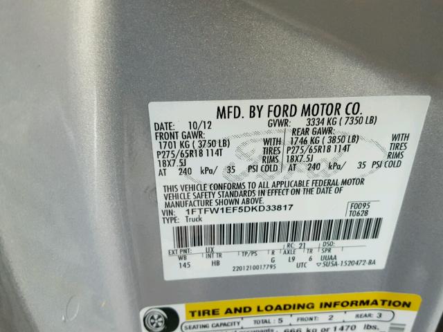 1FTFW1EF5DKD33817 - 2013 FORD F150 SUPER SILVER photo 10