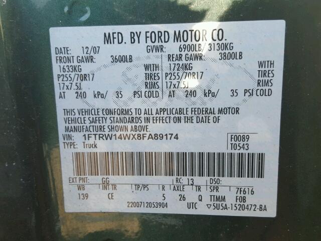 1FTRW14WX8FA89174 - 2008 FORD F150 SUPER GREEN photo 10