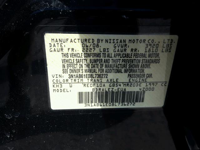 3N1AB61E08L736272 - 2008 NISSAN SENTRA 2.0 BLACK photo 10